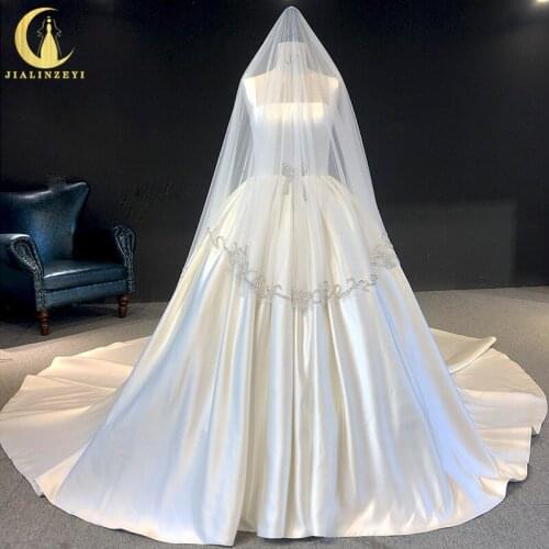 Rhine Real Two Straps Satin With Pearls Bow Court Trian New Arrival Veil Ball Gown Wedding Dresses 2021 robe de mariage