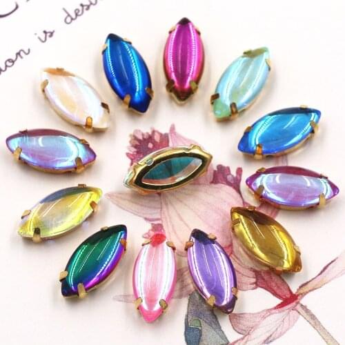 Wedding Decoration High Quality Leaf Shape Glass Crystal Stone Flatback Navette Gold Claw Rhinestones Sew On Clothing/Dress