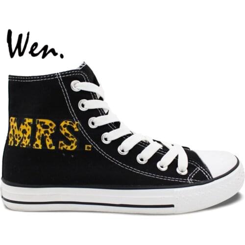 Wen Original Design Custom Hand Painted Shoes Leopard MR MRS Men Womens Black High Top Canvas Sneakers for Gifts