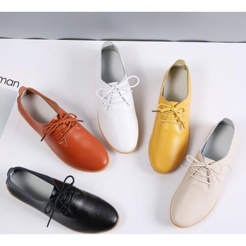 Spring Genuine Leather Flat Casual Versatile Korean Style White Shoes Womens Nurse Shoes Lace-up plus Size Womens Thin Shoes
