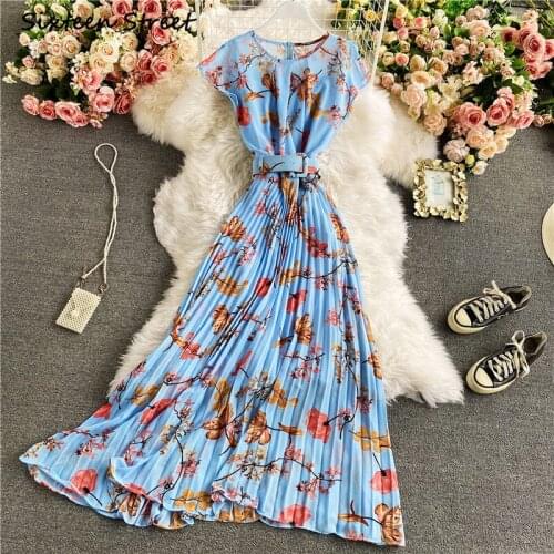 Vestido De Mujer Korean Style Sexy Dress Y2k Clothing Women Floral Chiffon Dress New O Neck Short Sleeves High Waisted Pleated