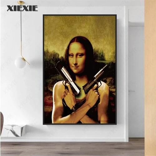 Vintage Mona Lisa Gun Canvas Painting Creative Pistol Poster Two Pistol Wall Art Print Picture for Home Living Room Decoration