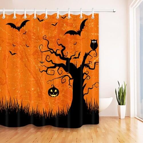 72'' Halloween Bat Owl Pumpkin Hang In Dry Tree Bathroom Waterproof Fabric Shower Curtain Polyester 12 Hooks Bath Accessory Sets