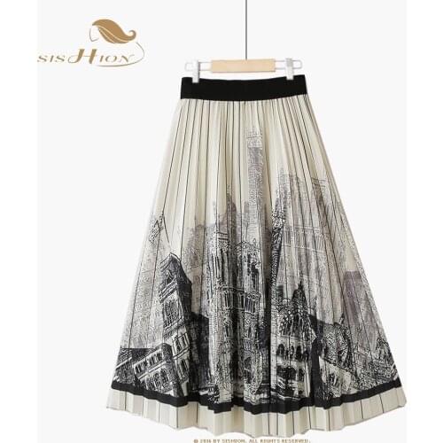 SISHION Midi Long Pleated Skirt Women VD2380 High Waist Elegant Print Skirt Vintage Kawaii Midi Faldas Mujer