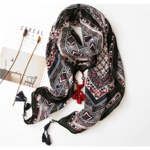 Bohemian Print Cotton Square Scarf With Tassel Women Thin Light Scarves Lady Summer Sunscreen Hijab Headwear 120*120