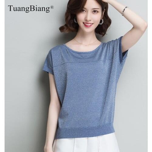 Women Summer Short Sleeve Bright Silk Shiny Pullover New 2021 Female Blue Loose Ribbed Elastic Jumper O-Neck Casual Knitted Tops