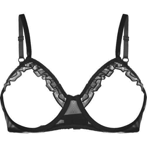 Women Sexy Lingerie Erotic Bra Top Underwear Porno See-through Sheer Mesh Bare Breast Underwired Open Cup Bras Adjustable Strap