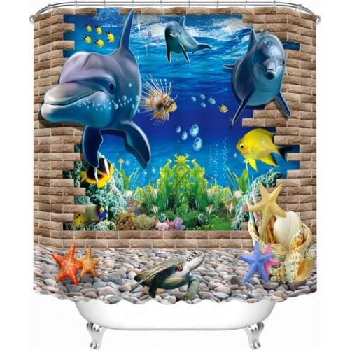 3D Underwater World Pattern Shower Curtains Dolphin Starfish Bathroom Curtain Waterproof Thickened Bath Curtain Customizable
