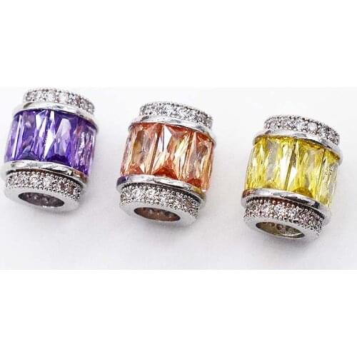 5Pcs DIY Jewelry Making Bracelet Silver Color Brass Metal Micro Pave CZ Crystal Big Hole Spacer Beads