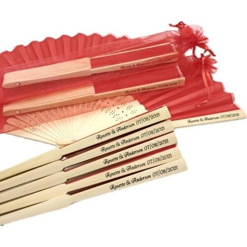 50/60PCS Personalized Hand Foldable Wedding Fan with Organza Bag Customized Printing Bamboo Fan in Yarn Bag Party Decorations