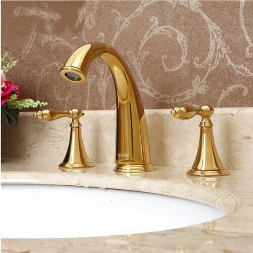 Polished Gold Brass 8" Widespread Bathroom Basin Faucet Vanity Sink 2 Knob Tub Mixer Tap Deck Mount 3 Holes Lavatory Tap