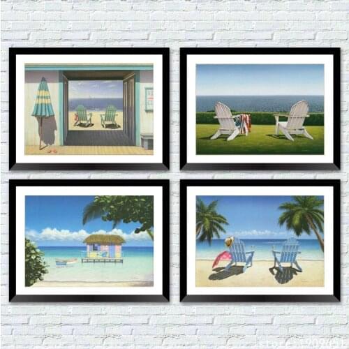 No frame Mediterranean sea white chair sea scenery canvas printings oil painting printed on cotton wall art decoration pictures