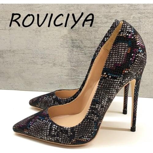 Brand fashion black pointed toe 12cm high heel exquisite snake print elegant single shoes ladies party shoes YG039 ROVICIYA