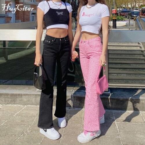 Hugcitar 2021 High Waist Irregular Print Button Zip Up Flare Cargo Pants Summer Women Fashion Streetwear Casual Trousers