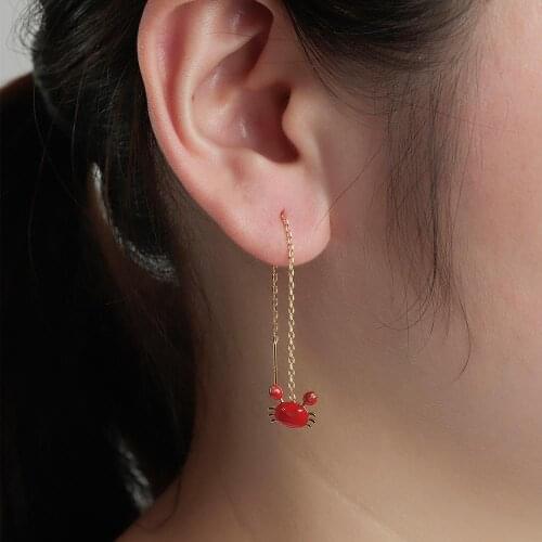 Chandler Korean Dainty Long Red Enamel Crab Earrings For Women Cute Animal Threader Line Earring For Girls Teens Engagement Gift
