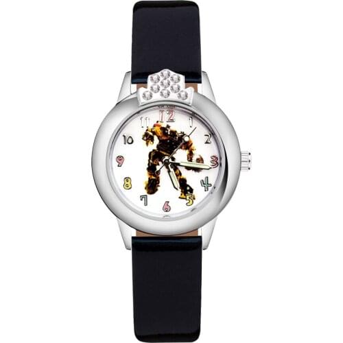 Cartoon Robot Crystal style Childrens Watches Kids Student Girls Quartz Leather strap Wrist Watch Clock JK63