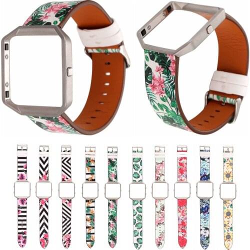 Metal Cover Colorful Replacement Stripes Leave Flamingos Leather Strap Flower Watch Band for Fitbit Blaze