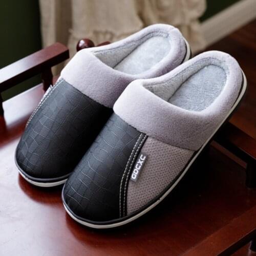 Plus Size 48 Mens Slippers Home Winter Indoor Warm Shoes Thick Bottom Plush Waterproof Leather House Slippers Man Cotton Shoes