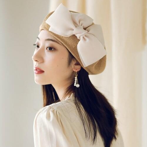 202107-weimin NEW Breathable knitting organza bowknot lady beret hat women Leisure painter hat