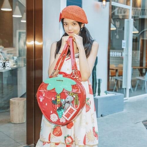 Original Cute Strawberry Bags For Women All-Match Shouder Bag Cartoon Transparent Totes Backpack Love Package Doll Toy Bag