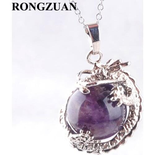 RONGZUAN Dragon Pendant & Necklace Natural Amethysts stone 16mm Round Ball Bead Chain Necklace 18" Fashion Jewelry TN3141