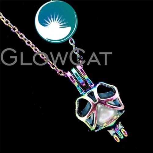 R-C459 Rainbow Colors Bowknot Beads Cage Pendant Essential Oil Diffuser Aromatherapy Pearl Cage Locket Necklace