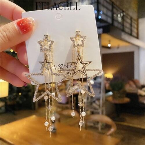 FFLACELL Korean Temperament Shiny Crystal Embellishment Large And Small Five-pointed Star Tassel Earrings Women Girls Party Gift