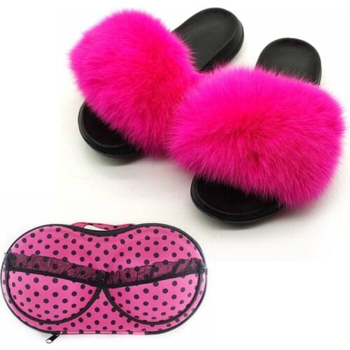 Fashion Womens Real Fox Fur Slides Girls Bra Storage Bags Sets Flat Furry Slippers Cosmetic Toiletries Hand Purse Sandals