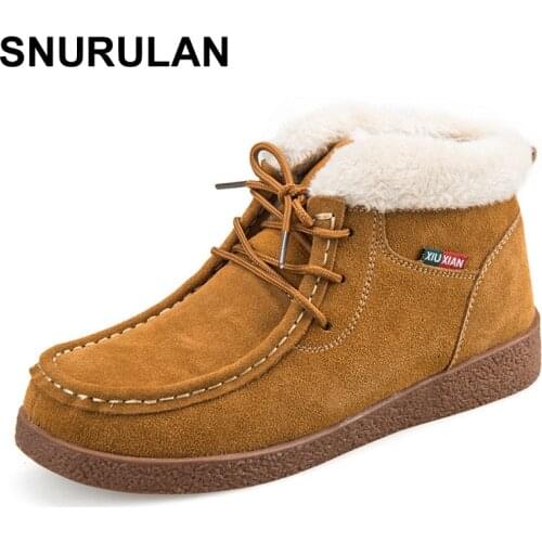 SNURULAN women ankle boots plus cotton warm winter snow boots 2017 autumn new fashion lace-up suede genuine leather women shoes