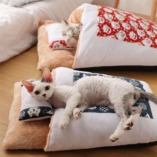Printing Cat Sleeping Bag Removable Japanese-style Dog Bed Winter Warm Cat House For Small Dogs Super SoftCats Mat Cushion