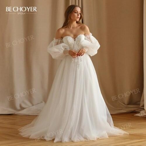 Wedding Dress 2 In 1 Sleeve A-Line Appliques Beaded Beach Princess Court Train Bride Gown 2022 BECHOYER LY03 Vestido de Noiva