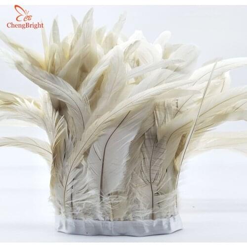 ChengBright 1Yards Beige Cock tail feather Trim Fringe 25-30cm/10-12inch Width Decorative Craft Feather Trim Feather Ribbon DIY