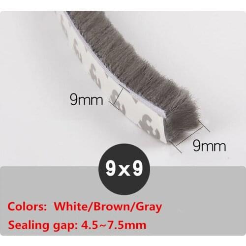 9x9mm 200meters/lot White/Gray/Brown Door Window Draught Excluder Brush Weather Strip Seal Tape 3M Gum Burlete Foam Seal Strip