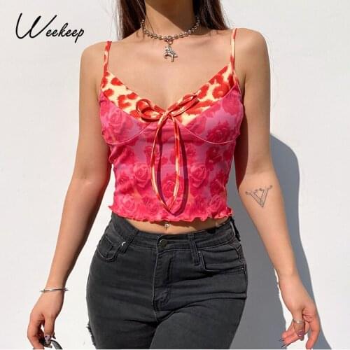 Weekeep Flower Print Pink V Neck Camisole Women Club Backless Y2K Aesthetic Crop Top Ruffles Fashion Spaghetti Strap Camis Party