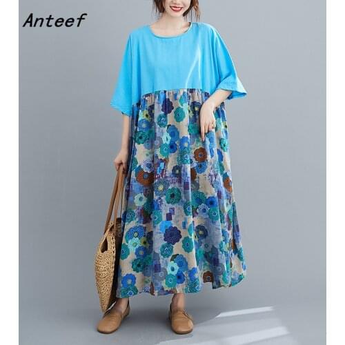 Short sleeve cotton vintage floral dresses for women casual loose long woman summer dress elegant clothes 2021