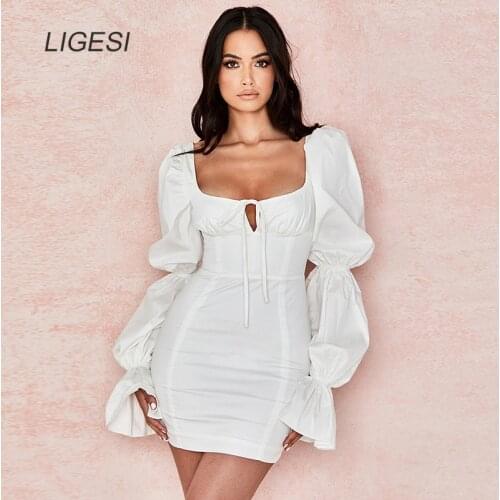 2020 Square Collar Lace Up Bodycon Mini Dress Women Night Clubwear Party White Dresses Autumn Winter Sexy Dress Vestidos