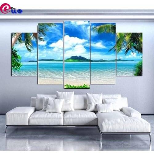 5 Pieces Diamond Paintings 5d Blue Sky White Clouds Sea Landscape Diamond Embroidery Living Room Bedroom Home Decoration