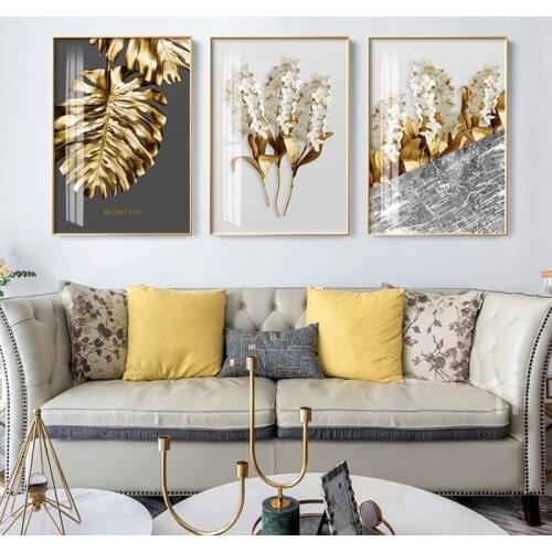 5D DIY Diamond Painting Nordic Golden Abstract Leaf Flowers Wall Art Feather Poster Print Wall Picture for Living Room Decor