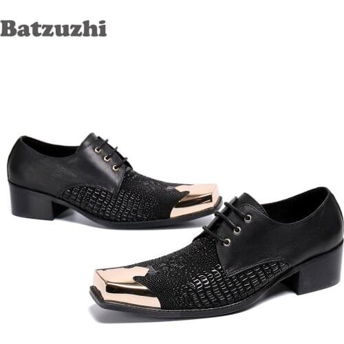 Batzuzhi Fashion Men Dress Shoes Square Toe Black Genuine Leather Shoes Men Business Leather DRess Shoes, Big Sizes US5-US12