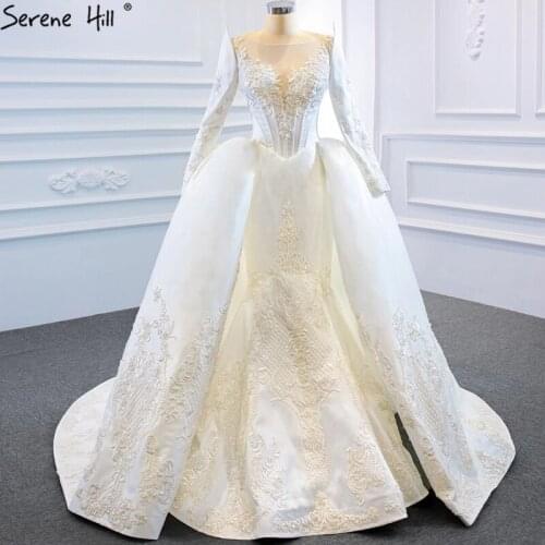 White Mermaid Long Sleeves Wedding Dresses 2020 High-end O-Neck Beading Satin Gowns DHM67177 Custom Made