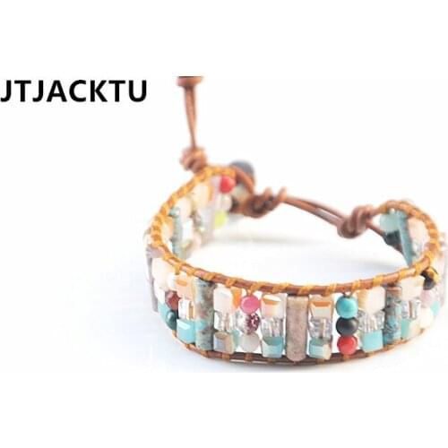 Bracelet Jewelry Handmade Multi Color Natural Stone Tube Beads Leather Wrap Bracelet Couples Bracelets Creative Gifts