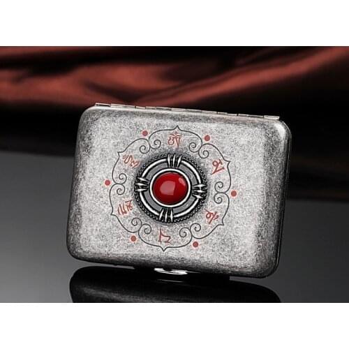 Hold 16pcs Retro Silver Red Beads Men Copper Cigarette Case Antique Tobacco Box Slim Portable Storage Cigarette Holder