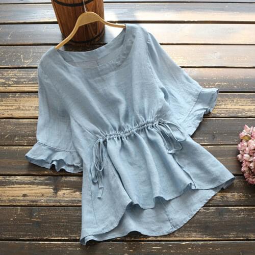 Cotton New Shirt 2021 Summer Womens Loose Pleated Waist Short-sleeved Shirt Lotus Leaf Sleeve Top Women Tops Blouse