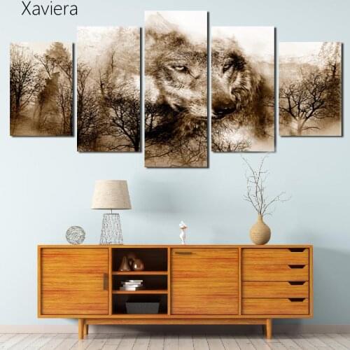 Hd Animal Art Poster Fierce Wolf Print Canvas Painting Murals and Prints Family Decoration Living Room Five Piece Set Frameless