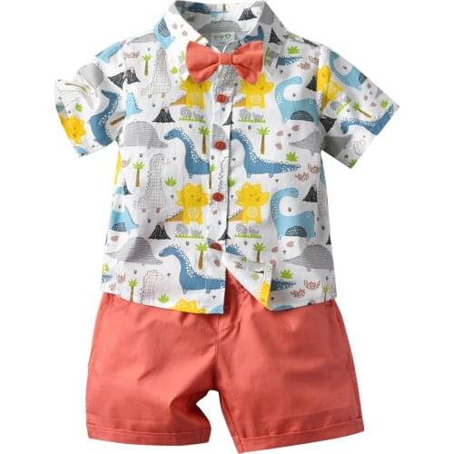 1-6Y Kids Boy Gentlemen Suits Summer Casual Baby Boy Outfits 2Pcs Dinosaur Print Bow Tie Short Sleeve T-Shirt+Shorts Party Sets