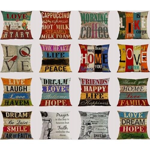 Vintage english alphabet Print Linen Cushion Cover Decorative Pillow Case For Chair Sofa Home Decor Throw Pillows 45x45cm