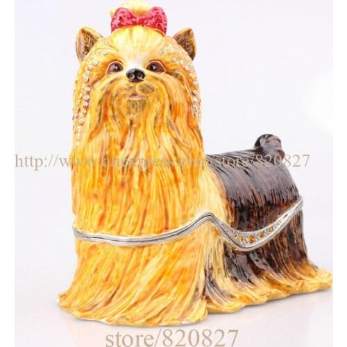 Metal Yorkshire Terrier Bejeweled Trinket Display Box Yorkshire Terrier Figurine Gift Box TrinketShape Jewelry Box Ornament