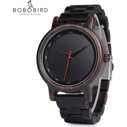 BOBO BIRD V-P10 Watches Men Natural Black Wooden Ebony Quartz Fashion Wristwatch with Red Second Hand
