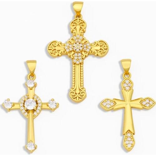 OCESRIO DIY CZ Stone Gold Cross Pendant Charms for Jewelry Making Wholesale Gold Necklace Charms for Religious Jewelry pdta233