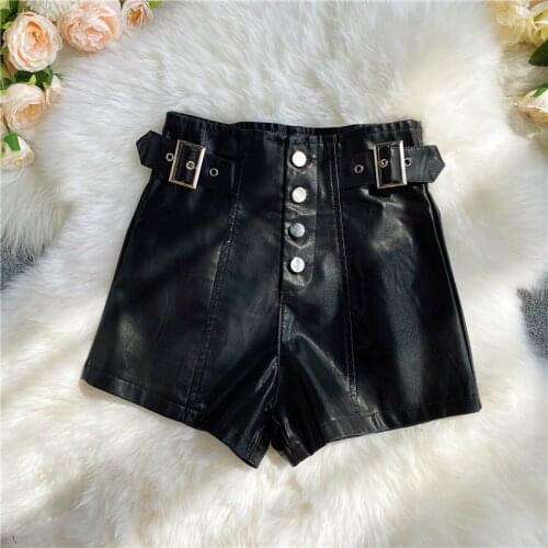 Autumn Women PU Shorts Button High Waist Shorts Female Casual Black Shorts Ladies All Match Wide leg Shorts Short Pants AB2025